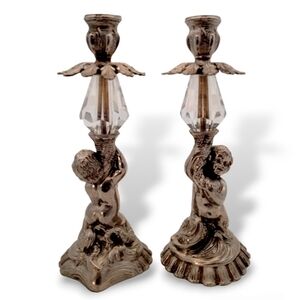 Ornate Cast-Metal Putti Fish-Leg Candlestick Holders w/ Crystal Prisms (Pair)